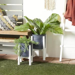 imageDeco 79 Metal Indoor Outdoor Planter Large Planter Pot with Removable Wood Stand Set of 2 Planters 17quot 15quotH WhiteBlack