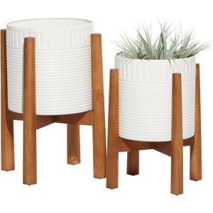 imageDeco 79 Metal Indoor Outdoor Planter Large Planter Pot with Removable Wood Stand Set of 2 Planters 17quot 15quotH WhiteWhite