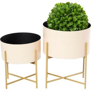 imageDeco 79 Metal Indoor Outdoor Planter Small Planter Pot with Removable Gold Stand Set of 2 Planters 12quot 16quotH PinkPink