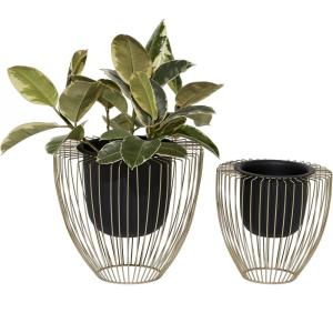 imageDeco 79 Metal Indoor Outdoor Planter Small Planter Pot with Removable Gold Wire Stand Set of 2 Planters 10quot 12quotH BlackBlack