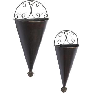 imageDeco 79 Metal Scroll Indoor Outdoor Wall Planter Indoor Outdoor Cone Hanging Planter Set of 2 Plant Hanger 18quot 15quotH Black