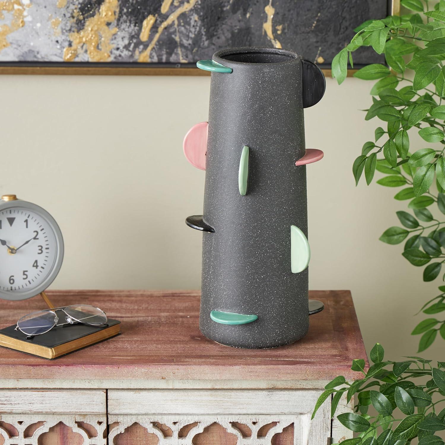 imageDeco 79 Ceramic Decorative Vase Textured Centerpiece Vase with Multicolor HalfMoon Accents Flower Vase for Home Decoration 8quot x 8quot x 16quot BlackBlack