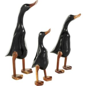 imageDeco 79 Bamboo Wood Duck Decorative Sculpture Home Decor Statues with Brown Top Hats and Shoes Set of 3 Accent Figurines 14quot 11quotH WhiteBlack