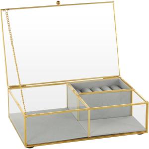 imageDeco 79 Glass Decorative Jewelry Box Jewelry Organizer with Gold Metal Frame and Gray Fabric Interior with Ring Slots Jewelry Holder 9quot x 6quot x 3quot Clear9 x 6 x 3