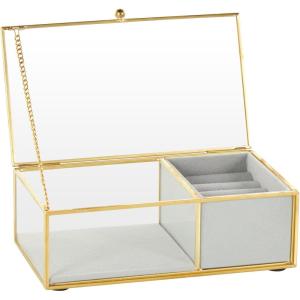imageDeco 79 Glass Decorative Jewelry Box Jewelry Organizer with Gold Metal Frame and Gray Fabric Interior with Ring Slots Jewelry Holder 9quot x 6quot x 3quot Clear7 x 4 x 3