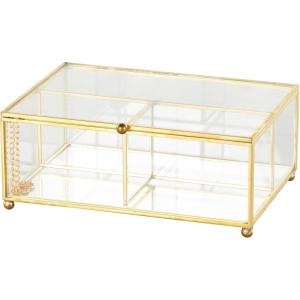 imageDeco 79 Glass Decorative Jewelry Box Jewelry Organizer with Gold Metal Frame and Gray Fabric Interior with Ring Slots Jewelry Holder 9quot x 6quot x 3quot Clear7 x 5 x 3