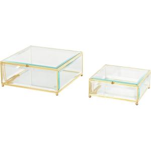 imageDeco 79 Glass Decorative Jewelry Box Jewelry Organizer with Gold Metal Frame and Gray Fabric Interior with Ring Slots Jewelry Holder 9quot x 6quot x 3quot Clear8  6W