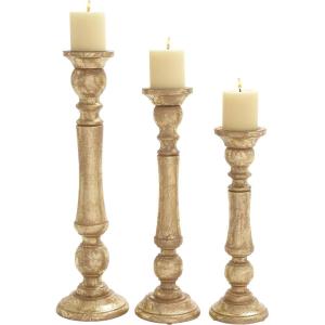 imageDeco 79 Mango Wood Decorative Candle Holder Candle Stand Set of 3 Candlestick Holder 21quot 18quot 15quotH Gold