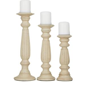 imageDeco 79 Mango Wood Decorative Candle Holder Distressed Turned Pillar Candle Stand Set of 3 Candlestick Holder 18quot 15quot 12quotH Beige