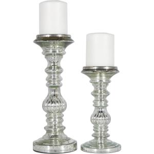 imageDeco 79 Metal Handmade Decorative Candle Holder Turned Style Pillar Candle Stand Set of 2 Candlestick Holder 9quot 12quotH Silver