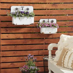 imageDeco 79 Metal Indoor Outdoor Wall Planter Indoor Outdoor Sink Hanging Planter with Bronze Hardware and Distressed Accents Set of 2 Plant Hanger 17quot 13quotW WhiteWhite