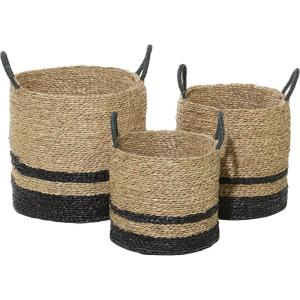 imageDeco 79 Seagrass Handmade Decorative and Functional Storage Basket TwoToned Brown Basket Organizer with Handles Set of 3 Basket for Storage 18quot 17quot 14quotH Black