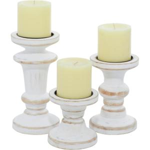 imageDeco 79 Wood Decorative Candle Holder Beaded Pillar Candle Stand Set of 3 Candlestick Holder 4quot 6quot 8quotH BrownBeige