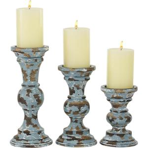imageDeco 79 Wood Decorative Candle Holder Candle Stand Set of 3 Candlestick Holder 6quot 8quot 10quotH Light BlueBlue