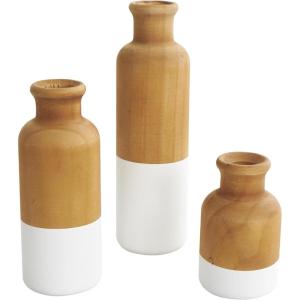 imageDeco 79 Wood Decorative Vase Centerpiece Vases with Black Bases Set of 3 Vases for Home Decoration 10quot 8quot 5quot H BrownWhite