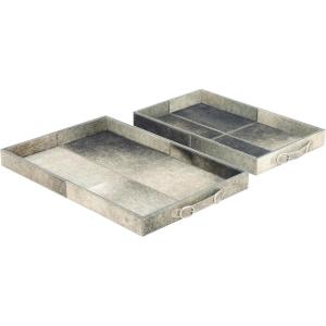 imageDeco 79 Wooden Handmade Cowhide Tray with Slot Handles Set of 2 24quot 20quotW Gray