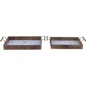 imageDeco 79 Wood Living Room Decor Tray Ottoman Tray with Tile Patterns Set of 2 Serving Tray 23quot 19quotW Brown