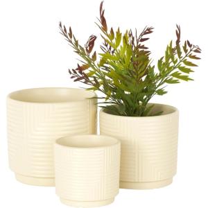 imageDeco 79 Ceramic Geometric Indoor Outdoor Planter Small Planter Pot with Layered Square Shaped Grooves Set of 3 Planters 7quot 6quot 5quotW CreamCream
