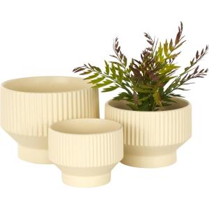 imageDeco 79 Ceramic Indoor Outdoor Planter Wide Small Planter Pot with Linear Grooves and Tapered Bases Set of 3 Planters 10quot 8quot 7quotW CreamCream