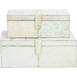 imageDeco 79 Leather Handmade Decorative Box Cowhide Storage Decorative Keepsake Boxes with Silver Foil Accents Set of 2 Storage Boxes 17quot 14quotW Silver