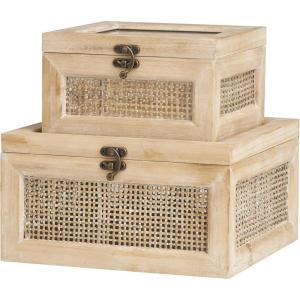 imageDeco 79 Wood Decorative Box Glass Top Decorative Keepsake Boxes with Rattan Side Panels and Bronze Hook Closures Set of 2 Storage Boxes 9quot 7quot W Light Brown