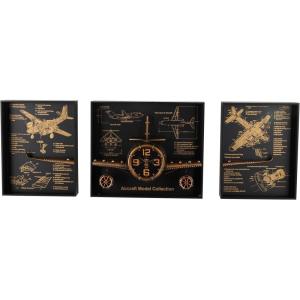 imageDeco 79 Metal Airplane Decorative Wall Clock Wall Clock for Home with Black Frame and Gold Illustrations Set of 3 Wall Clock for Room 29quot 20quot 20quot W Copper