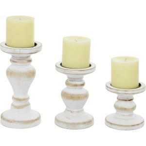 imageDeco 79 Wood Decorative Candle Holder Turned Style Candle Stand Set of 3 Candlestick Holder 8quot 6quot 4quotH White1