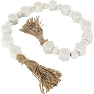 imageDeco 79 Marble Handmade Beaded Garland with Tassel Round Extra Long Orb Small Beads with Tassel with Knotted Brown Jute Beads with Tassel 44quot x 1quot x 1quot WhiteWhite