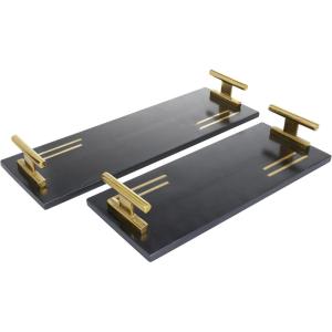 imageDeco 79 Marble Living Room Decor Tray Ottoman Tray with Gold Handles Set of 2 Serving Tray 22quot 18quotW Black