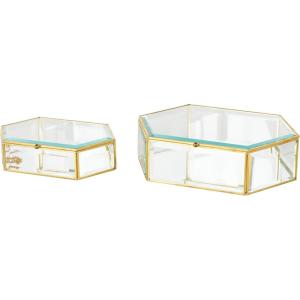 imageDeco 79 Glass Geometric Decorative Jewelry Box Hexagon Jewelry Organizers with Gold Metal Frame and Chain Accent Set of 2 Jewelry Holder 8quot 7quotW Clear10  8W