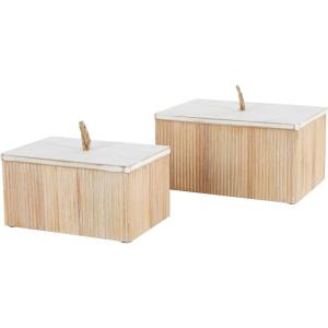 imageDeco 79 Wood Decorative Box Washed Ribbed Storage Decorative Keepsake Boxes with White Lids and Rope Handles Set of 2 Storage Boxes 10quot 8quot W Cream10  8W
