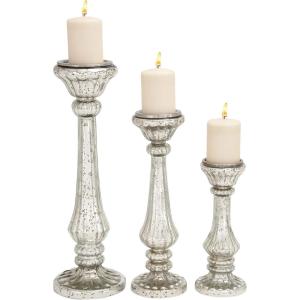 imageDeco 79 Glass Handmade Decorative Candle Holder Turned Style Pillar Candle Stand Set of 3 Candlestick Holder 21quot 17quot 12quotH Silver21x17x12