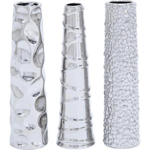 imageDeco 79 Ceramic Decorative Vase Slim Cone Shaped Centerpiece Vases with Varying Textures set of 3 Flower Vases for Home Decoration 3quot x 3quot x 12quot Silver