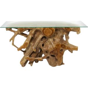 imageDeco 79 Teak Wood Handmade Live Edge Tree Stump Console Table with Clear Glass Top 54quot x 16quot x 30quot Brown
