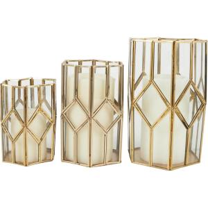 imageCosmoLiving by Cosmopolitan Metal Geometric Diamond Patterned Hexagon Candle Lantern with Clear Glass Set of 3 10quot 8quot 7quot H Gold