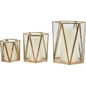imageCosmoLiving by Cosmopolitan Metal Geometric Triangle Patterned Hexagon Candle Lantern with Clear Glass Set of 3 9quot 6quot 5quotH Gold