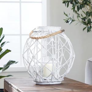 imageDeco 79 15 x 15 Large Woven Rattan White Lantern w Burlap Jute Rope Handle ampamp Glass Insert
