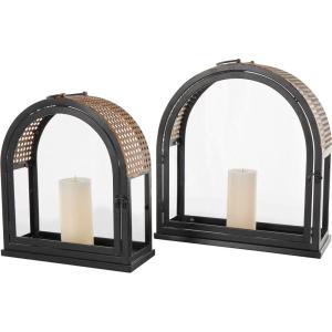 imageDeco 79 Metal Brushed Rectangular Candle Lantern with Brown Wood Tops Set of 2 15quot 11quot H Dark GrayBlack