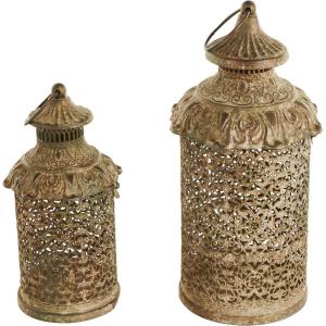 imageDeco 79 Metal Scroll Distressed Vintage Inspired Ornate Candle Lantern Set of 2 14quot 10quot H Brown14  12H