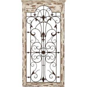 imageDeco 79 Wood Scroll Home Wall Decor Distressed Window Inspired Panel Wall Sculpture with Black Metal Fleur De Lis Relief Wall Art 27quot x 2quot x 51quot White
