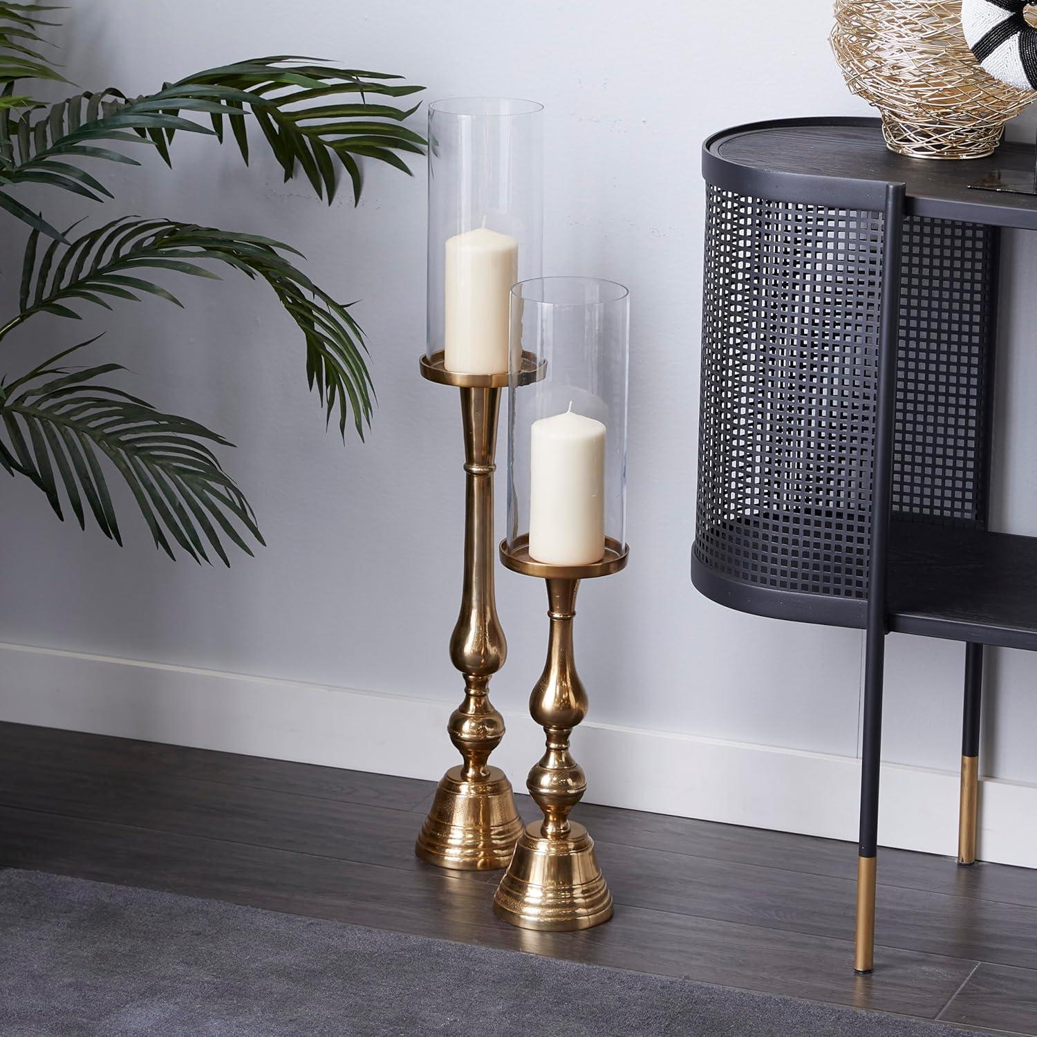 imageDeco 79 Aluminum Hurricane Lamp Set of 2 32quot 26quotH Gold