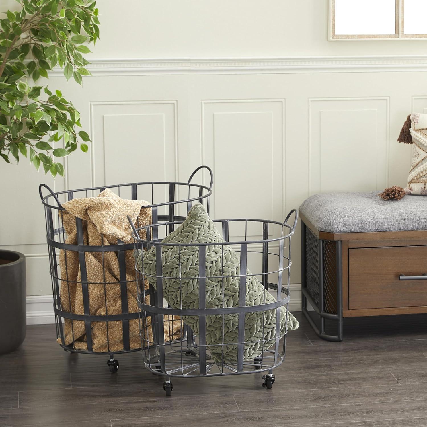 imageDeco 79 Metal Decorative and Functional Storage Basket Wire Grid Basket Organizer with Wheels and Handles Set of 2 Basket for Storage 25quot 22quotH BlackBlack