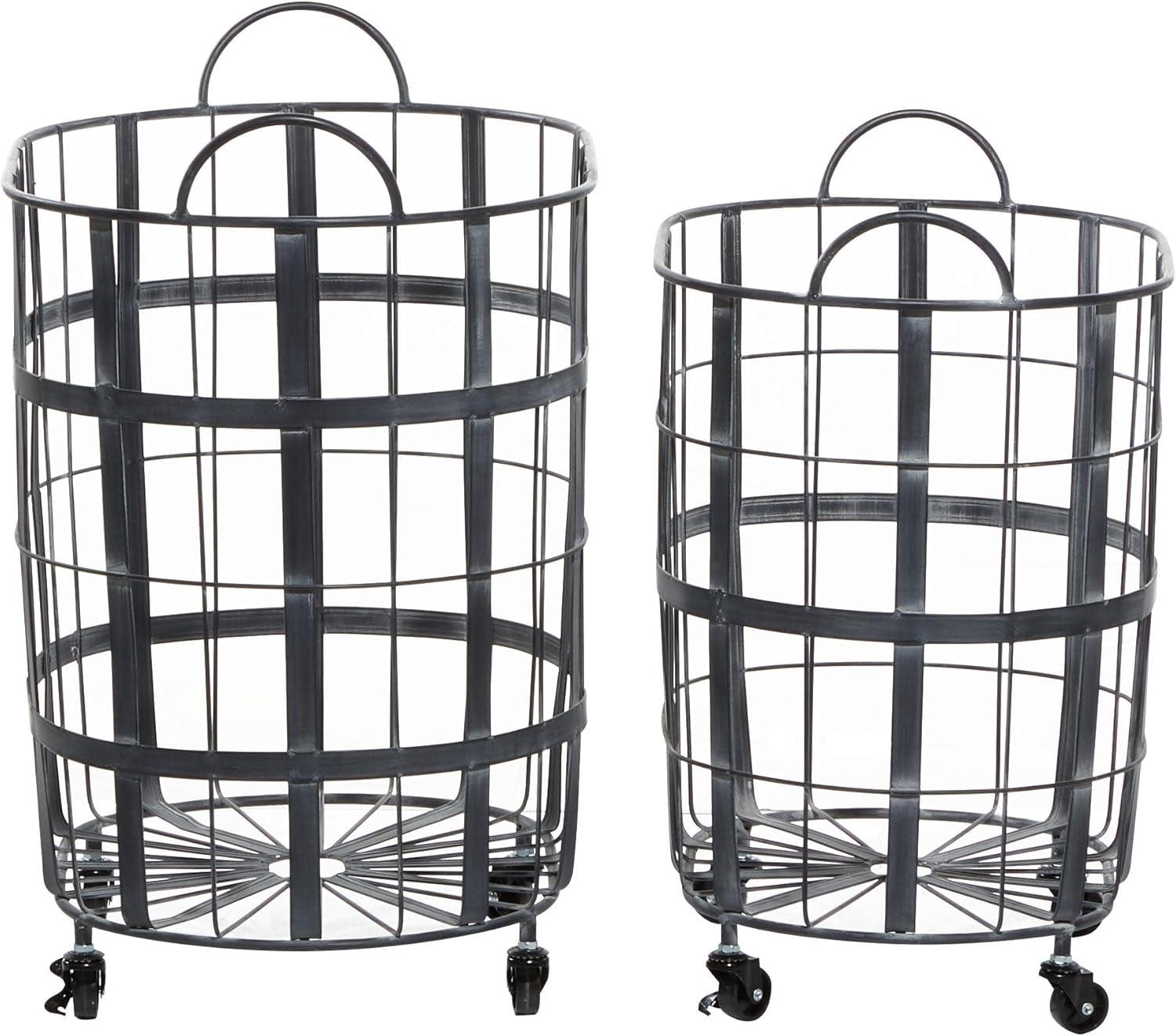 imageDeco 79 Metal Decorative and Functional Storage Basket Wire Grid Basket Organizer with Wheels and Handles Set of 2 Basket for Storage 25quot 22quotH BlackBlack