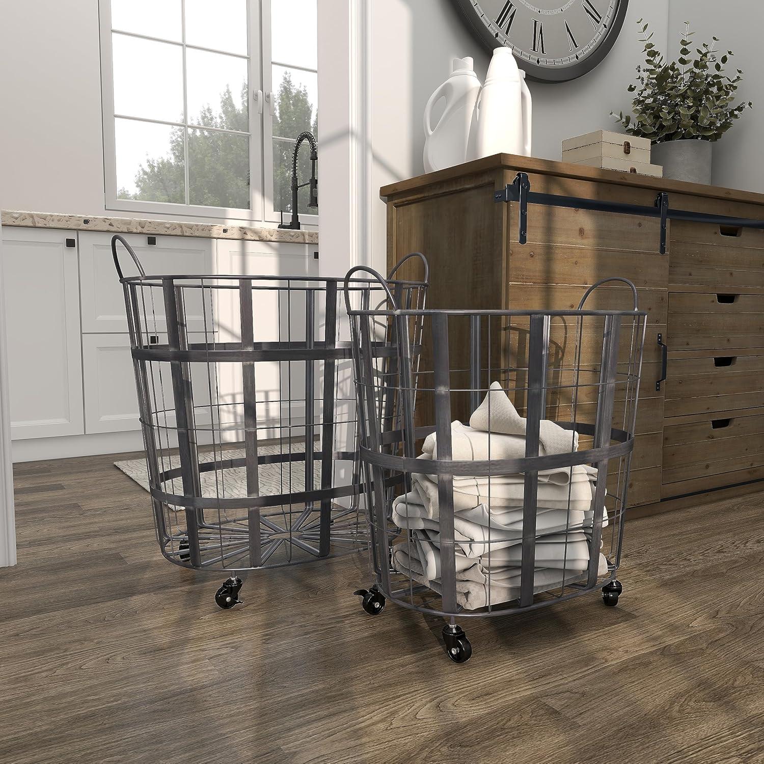 imageDeco 79 Metal Decorative and Functional Storage Basket Wire Grid Basket Organizer with Wheels and Handles Set of 2 Basket for Storage 25quot 22quotH BlackBlack