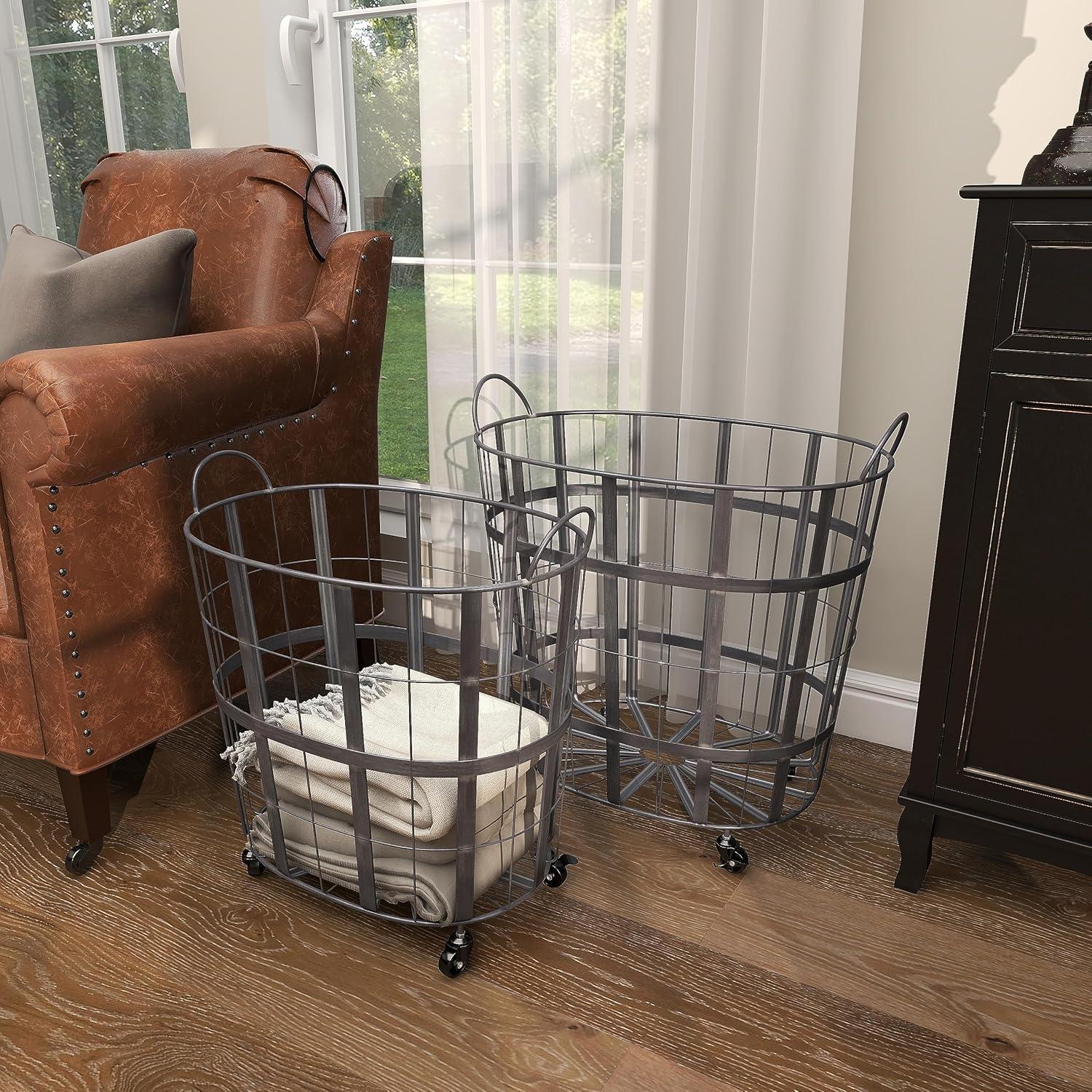 imageDeco 79 Metal Decorative and Functional Storage Basket Wire Grid Basket Organizer with Wheels and Handles Set of 2 Basket for Storage 25quot 22quotH BlackBlack