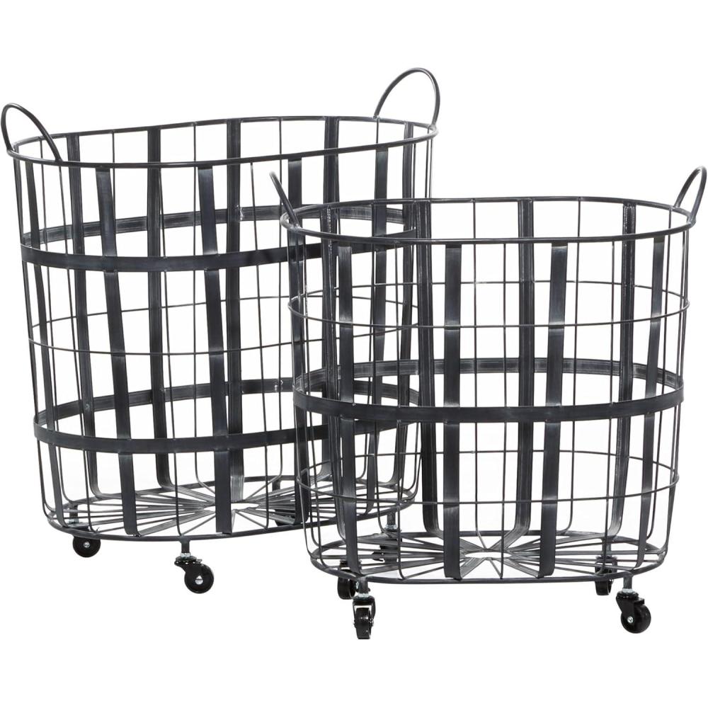 imageDeco 79 Metal Decorative and Functional Storage Basket Wire Grid Basket Organizer with Wheels and Handles Set of 2 Basket for Storage 25quot 22quotH BlackBlack