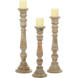 imageDeco 79 Mango Wood Candle Holder with Turned Style Set of 3 24quot 21quot 18quotH BrownBrown