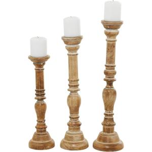 imageDeco 79 Mango Wood Candle Holder with Turned Style Set of 3 24quot 21quot 18quotH BrownLight Brown