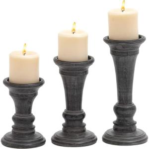 imageDeco 79 Mango Wood Decorative Candle Holder Tall Turned Candle Stand Set of 3 Candlestick Holder 24quot 21quot 18quotH BrownBlack