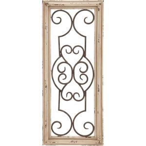 imageDeco 79 Wood Scroll Home Wall Decor Small Panel Wall Sculpture with Black Metal Scrollwork Wall Art 10quot x 1quot x 25quot White